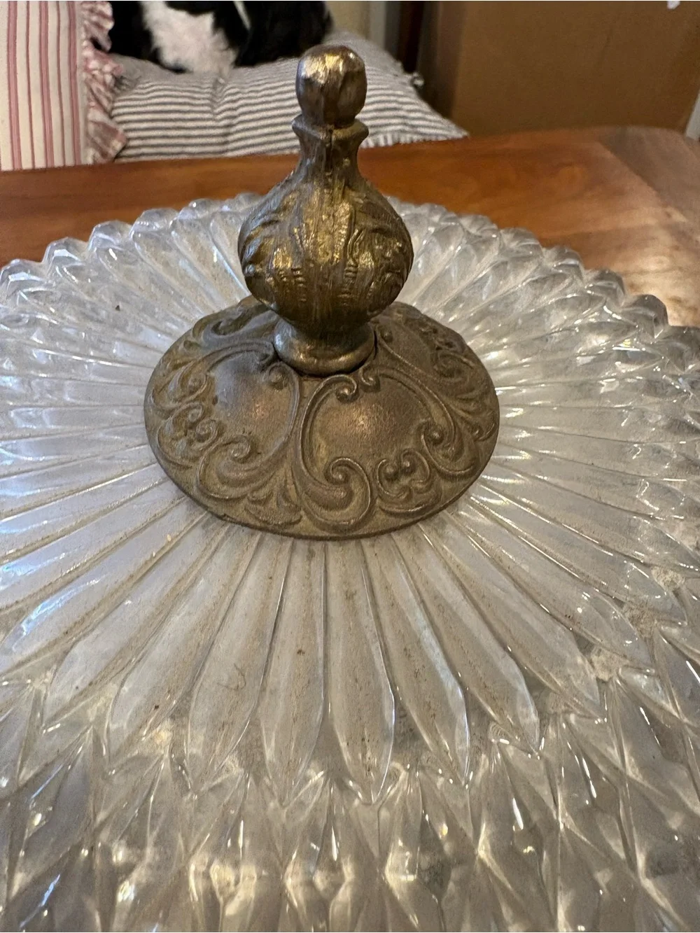 Vintage Glass Dome Ceiling Fixture in Frosted Clear with Brass Trim